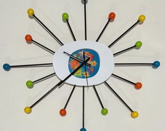 Original hand painted art Starburst Wall Clock: Mid Century Modern Atomic Decor