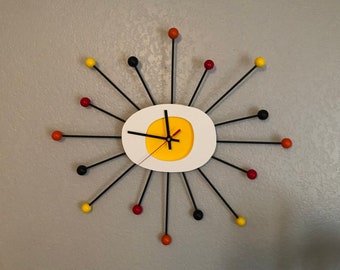 YELLOW Starburst CLOCK. Large 23” handmade Mid Century Modern style wall art clock. Atomic style, silent ticking.