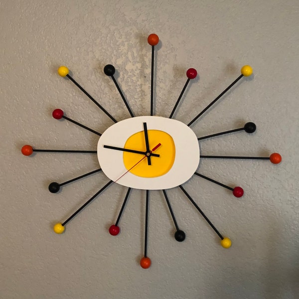 YELLOW Starburst CLOCK. Large 23” handmade Mid Century Modern style wall art clock. Atomic style, silent ticking.