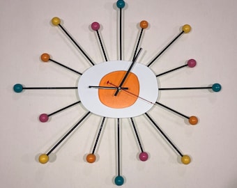 STARBURST CLOCK Bubblegum Peach large 23” Original artist painted Mid Century Modern style wall art clock. Atomic style, silent ticking.