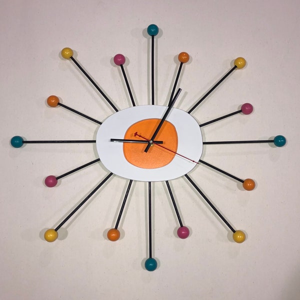 STARBURST CLOCK Bubblegum Peach large 23” Original artist painted Mid Century Modern style wall art clock. Atomic style, silent ticking.