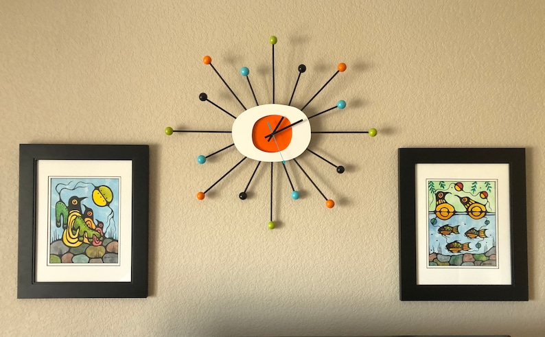 STARBURST clock 23 ORANGE or BLUE handmade & painted Mid image 3