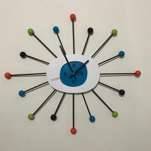 Blue teal 4 #s Mid Century Modern Starburst atomic ball clock. Hand painted. 1950s-1970s style. Large 23”, silent ticking. Home decor gift.