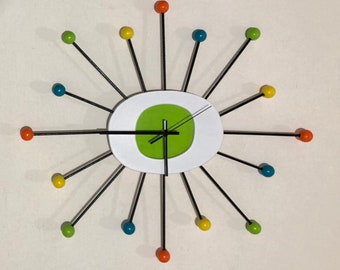 Lime green Mid Century Modern Starburst atomic ball clock. Hand painted. 1950s-1970s style. Large 23”, silent ticking. Home decor gift.