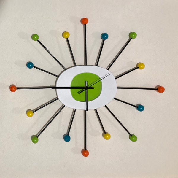 Lime green Mid Century Modern Starburst atomic ball clock. Hand painted. 1950s-1970s style. Large 23”, silent ticking. Home decor gift.