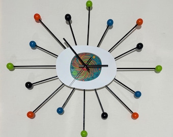 Original art swirling Starburst Wall Clock: Mid Century Modern Atomic Decor