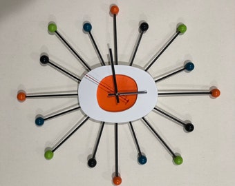 Starburst Wall Clock orange: Handmade Mid Century Modern Atomic Decor