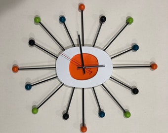 Orange Mid Century Modern Starburst atomic ball clock. New Handmade & Painted.  Large 23” size. Silent ticking. Home decor wall art gift.