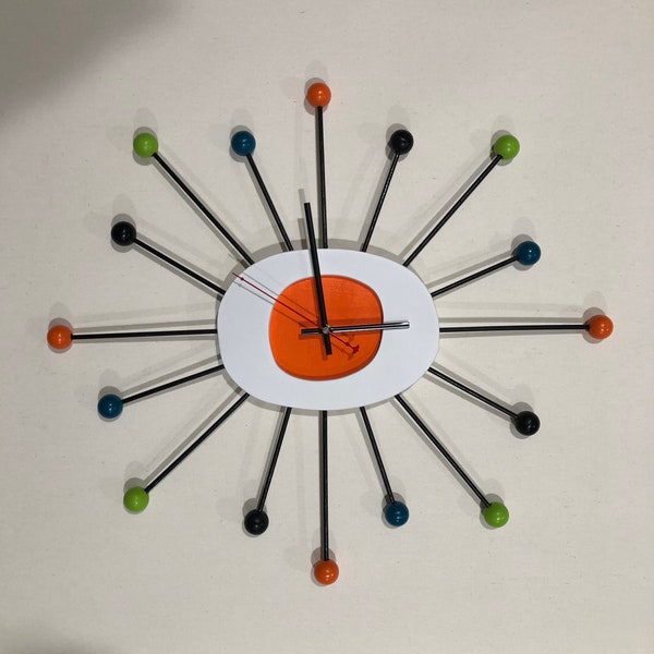 Orange Mid Century Modern Starburst atomic ball clock. New Handmade & Painted.  Large 23” size. Silent ticking. Home decor wall art gift.