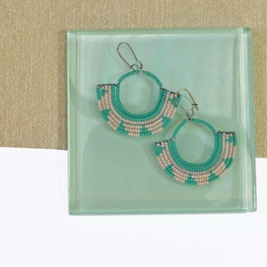 Handmade Geometric Pattern Beaded Fan Earrings in Turquoise and Tan Mother's Day Gift Ideas, Easter Jewelry image 3