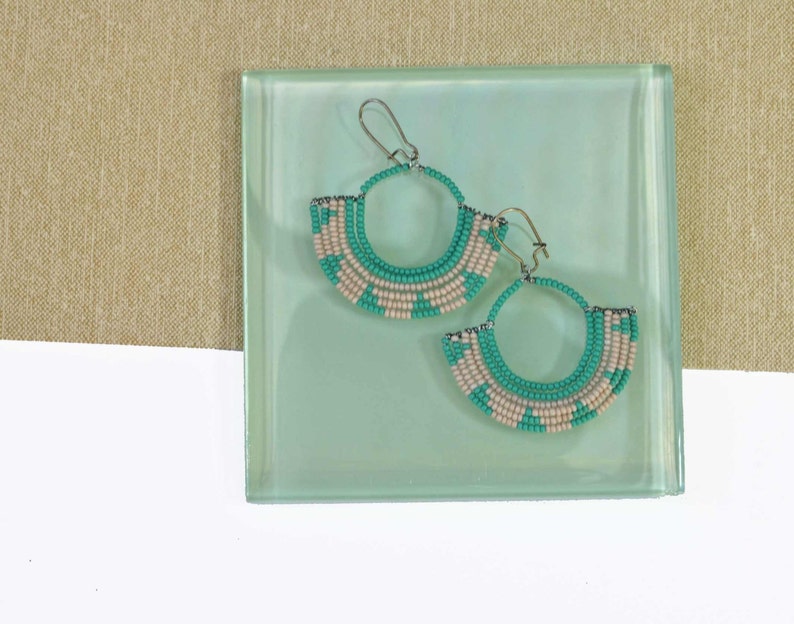 Handmade Geometric Pattern Beaded Fan Earrings in Turquoise and Tan Mother's Day Gift Ideas, Easter Jewelry image 3