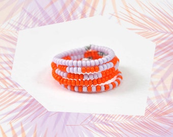 Color Blocking Beaded Midi Stacking Ring Set of five in Orange and Lilac - Summer Colors, Beach Jewelry, Masai Inspired, Tribal Jewelry