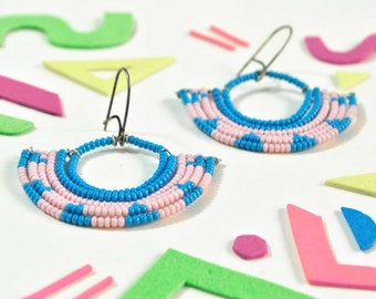 Handmade Aztec Inspired Tribal Pattern Beaded Fan Earrings - Spring Colors - Easter Finds - 90s Nostalgia