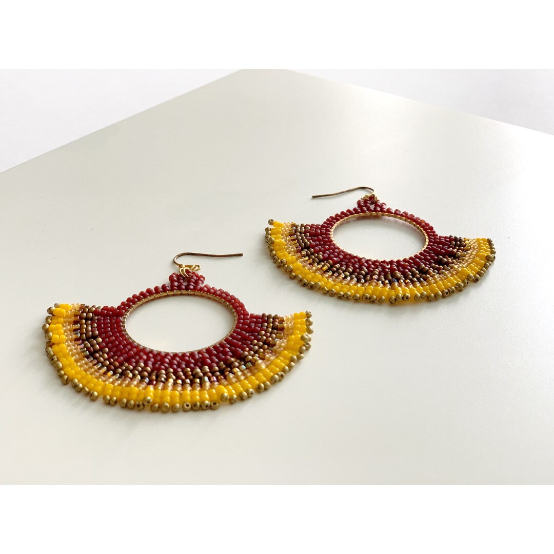 Beaded Fan Earrings Gold and Burgundy Seed Bead Jewelry Black Owned