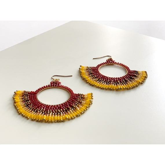 Beaded Fan Earrings Gold and Burgundy Seed Bead Jewelry Black
