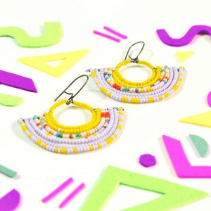 Colorful Geometric Beaded Fan Earrings with Yellow and Lavendar image 3