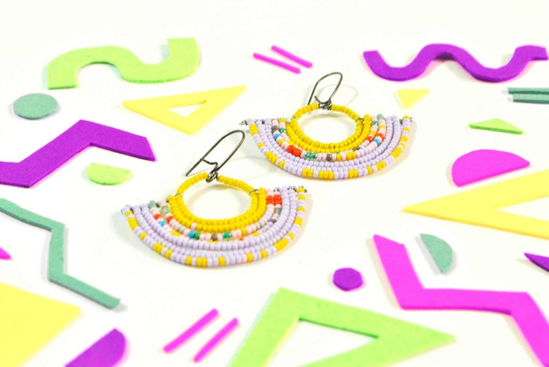 Colorful Geometric Beaded Fan Earrings with Yellow and Lavendar image 3