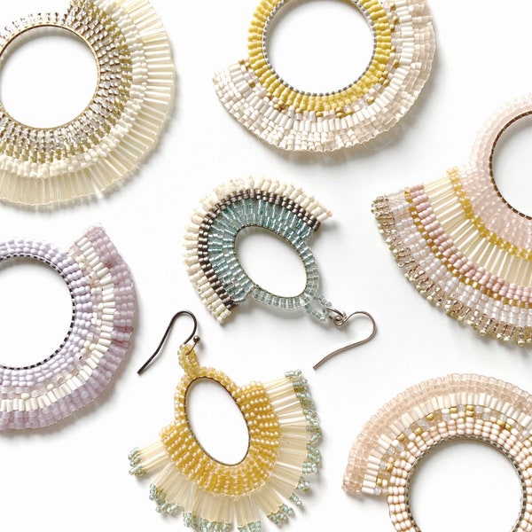 Handwoven Beaded Hoop Earrings | Pastel Fan Earrings | Boho Earrings