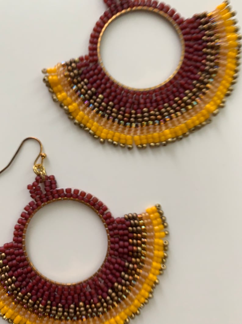 Beaded Fan Earrings Gold and Burgundy Seed Bead Jewelry Etsy