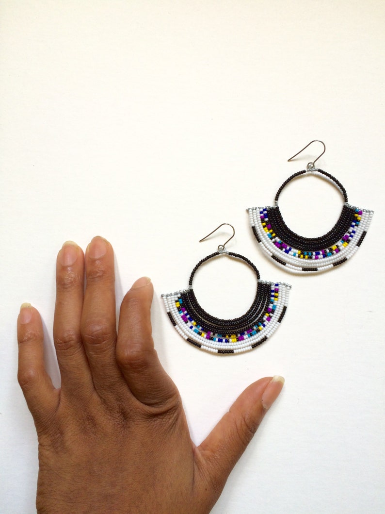 Beaded Fan Earrings Handmade Jewelry Summer Finds Handmade Jewelry Masai Inspired Tribal Pattern image 5