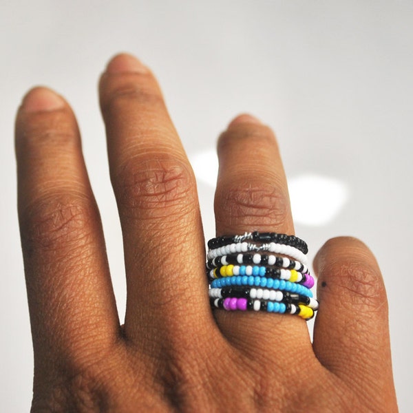 Colorful CMYK Beaded Knuckle Band Ring Set of 7