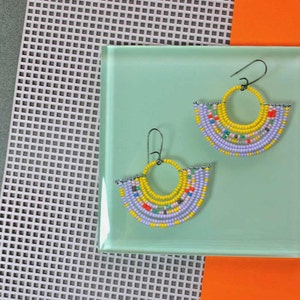 Colorful Geometric Beaded Fan Earrings with Yellow and Lavendar image 5