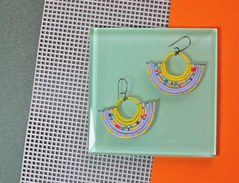 Colorful Geometric Beaded Fan Earrings with Yellow and Lavendar image 5