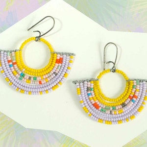 Colorful Geometric Beaded Fan Earrings with Yellow and Lavendar image 2