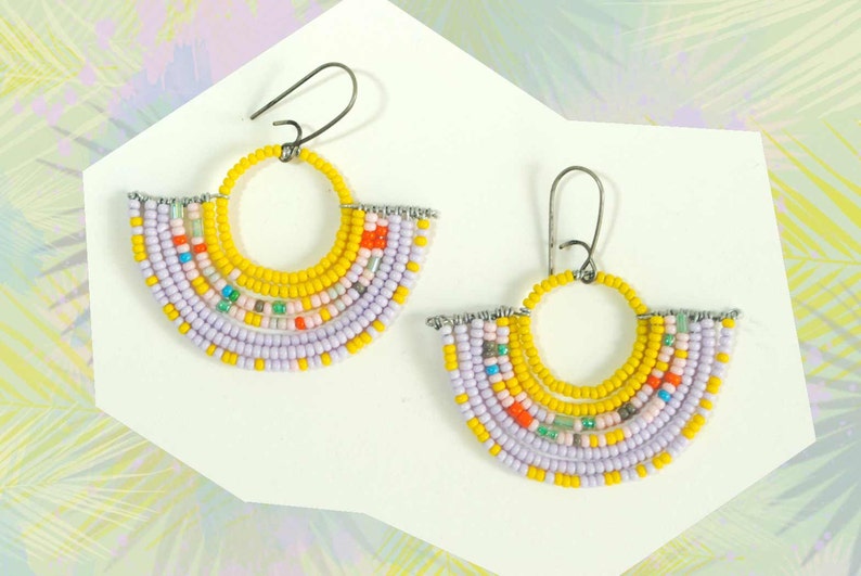 Colorful Geometric Beaded Fan Earrings with Yellow and Lavendar image 2