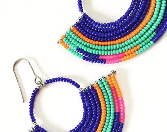 Handmade Beaded Geometric Hoop Earrings - Tribal Jewelry - Statement Earrings - Seed Bead Jewelry - Abstract - Ikat Patterns