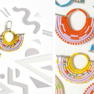 Colorful Geometric Beaded Fan Earrings with Yellow and Lavendar image 1