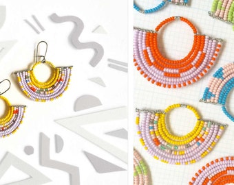 Colorful Geometric Beaded Fan Earrings with Yellow and Lavendar