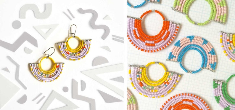 Colorful Geometric Beaded Fan Earrings with Yellow and Lavendar image 1