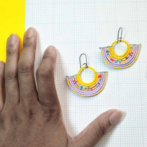 Colorful Geometric Beaded Fan Earrings with Yellow and Lavendar image 4