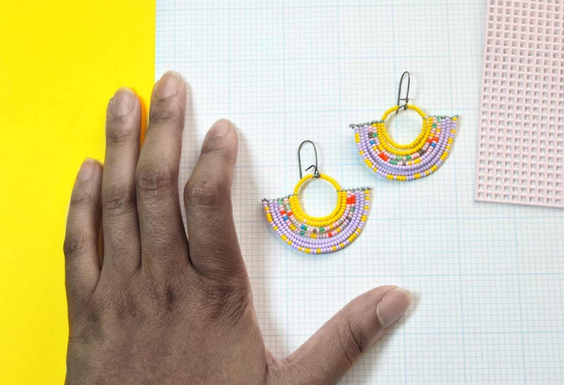 Colorful Geometric Beaded Fan Earrings with Yellow and Lavendar image 4