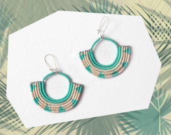 Handmade Geometric Pattern Beaded Fan Earrings in Turquoise and Tan - Mother's Day Gift Ideas, Easter Jewelry