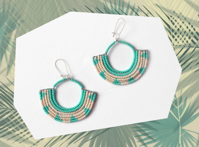 Handmade Geometric Pattern Beaded Fan Earrings in Turquoise and Tan Mother's Day Gift Ideas, Easter Jewelry image 1