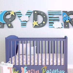 To the Moon Nursery Wall Painted Letters - Moon Bedding Crib Decor Letters - Twinkle Star Bedding Decor Baby Name Sign - Kids Wall Letters