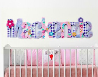 Garden Gingham Nursery Wall Painted Letters - Baby Name Wall Hanging - Kids Room Sign - Gingham Bedding Crib Decor - Painted Nursery Letters