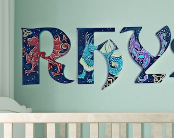Dragon Nursery Room Painted Letters - Dragon Bedding Crib Decor Letters - Fantasy Kids Room Hanging Letters - Dragon Baby Name Sign Letters