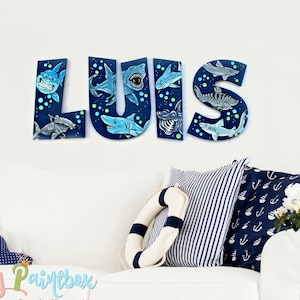 Shark Nursery Room Painted Letters, Shark Kids Room Sign, Shark Bedroom Decor Letters, Shark Baby Gift Name Sign, Shark Lover Letters