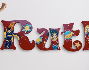 Super Girls Painted Wood Letters - Comic Hero Nursery Room Wall Letters - Girl Super Hero Nursery Room Décor Letters - Comic Painted Letters
