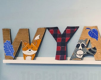 Woodland Animals Painted Letters, Fox Painted Wooden Letters, Wilderness Nursery Decor, Stained Wood Letters, Personalized Baby Name Sign