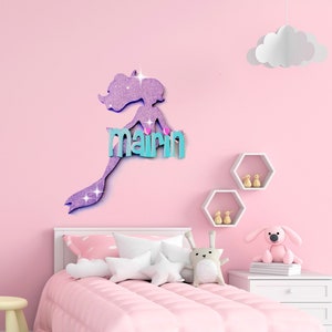 Personalize Mermaid Kids Room Wall Art - Mermaid Baby Name Wall Hanging - Mermaid Bedroom Decoration - Mermaid Nursery Room Above Crib Decor