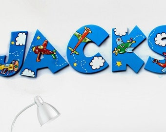 Airplane Painted Wood Letters - Airplane Nursery Room Wall Letters - Aviation Nursery Room Decor Letters - Airplane Painted Hanging Letters