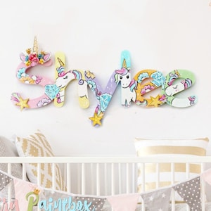 Unicorn Nursery Wall Painted Letters - Unicorn Wall Hanging - Pastel Rainbow Baby Crib Decor - Unicorn Wall Decor - Pastel Baby Name Sign