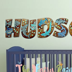 Shark Stained Wooden Letters - Shark Nursery Room Decor - Shark Wall Hanging Stained Letters - Shark Bedroom Decor - Ocean Kids Room Letters
