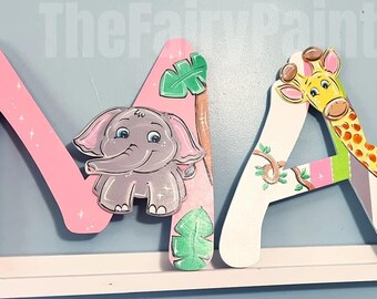 Elephant Safari Painted Wood Letters, Palm Leaf Baby Room Letters, Safari Nursery Decor, Jungle Animals Painted Wall Letters, Baby Gift