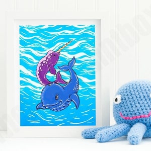 Blauwal Druck, Narwal Wandbild, Wal Illustration, Wal Dekor, Wal Kinderzimmer Dekor, Wal Kinderzimmer Dekor, niedliches Wal Geschenk