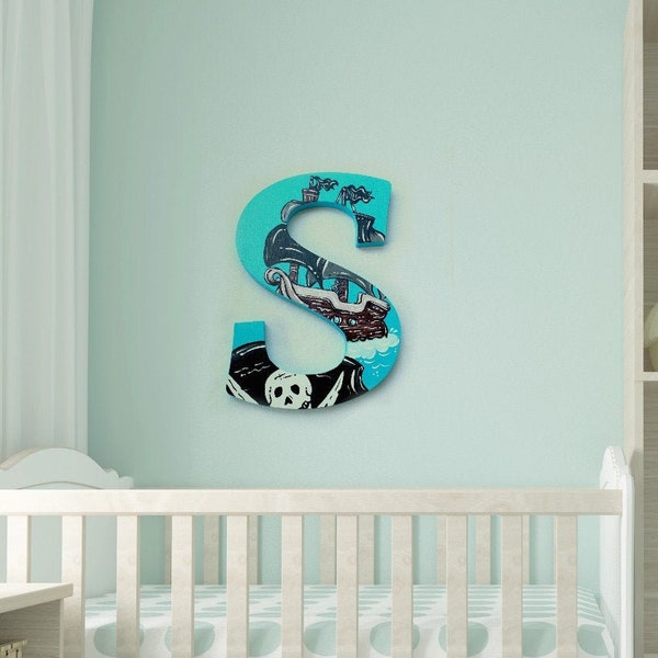 Pirate Nursery Wall Painted Letters - Pirate Wall Hanging - Maritime Baby Nursery Art - Pirate Bedding Crib Decor - Baby Name Wall Monogram